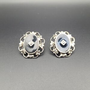 Vintage Black Cabochon Earrings Silver Tone Filigree Stud Retro Gothic Style